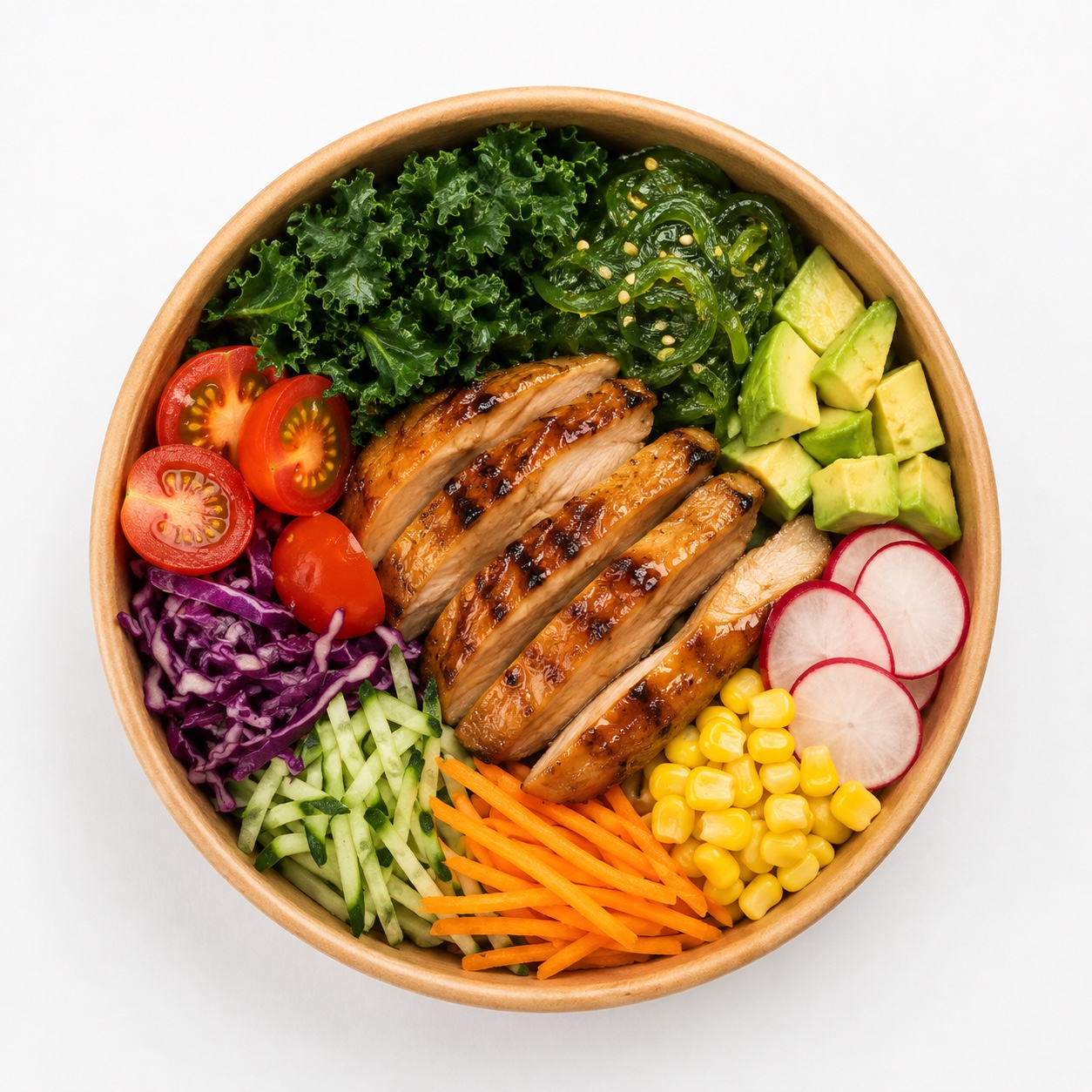 Teriyaki chicken bowl with kale, avocado and colourful vegetables